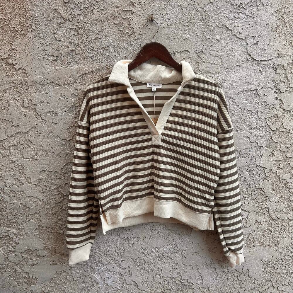 NWT Blu Pepper Striped Collared Cropped Pullover Sweater Brown Cream Size S